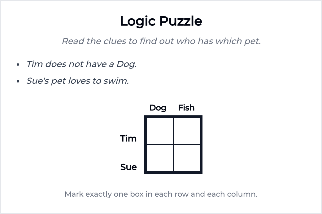 Logic Grid Puzzle puzzle generator — Math Puzzle & Worksheet Makers
