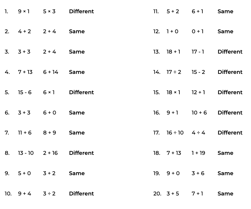 Same or Different puzzle generator — Math Puzzle & Worksheet Makers